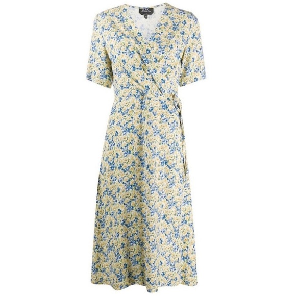 A.P.C. APC Mathilda Floral Midi Dress Dab Jaune Clair Blue Yellow Faux Wrap US 6 - Picture 4 of 16